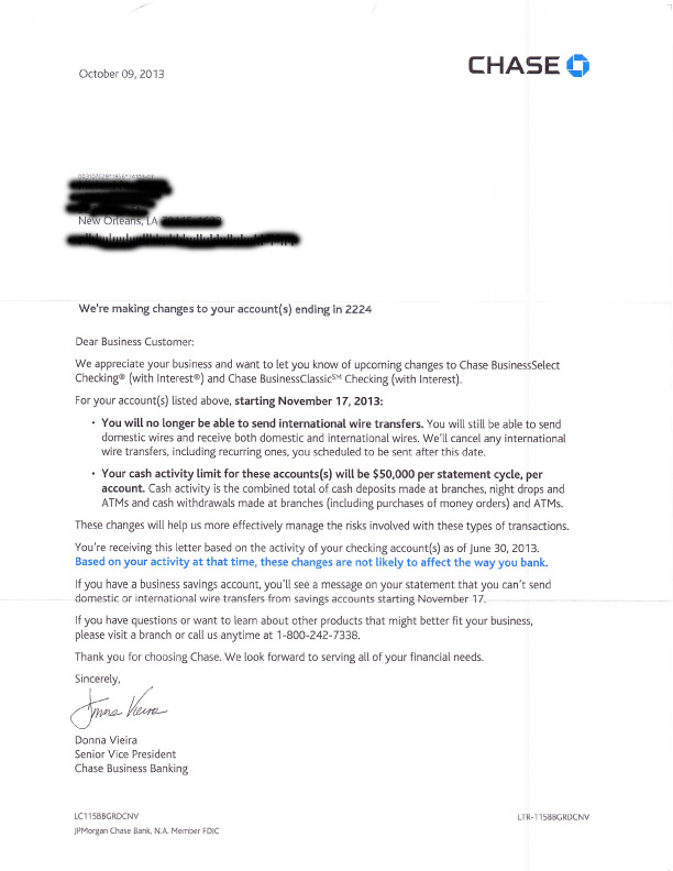 Chase Bank Limits Cash Withdrawals, Bans International Wire Transfers